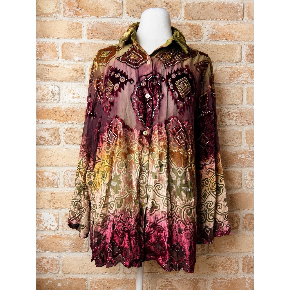 VTG Sheer Burnout Velvet Silk Blend Blouse Boho M Whimsigoth Fall Gypsy Artsy